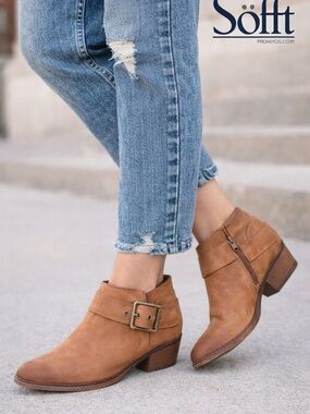 Sofft Leather Ankle Booties Tan Buckle Strap Low Heel Comfort Zip